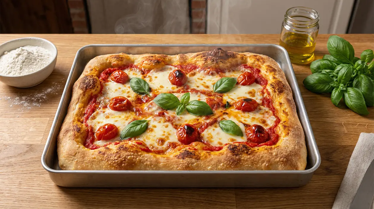 Pizza in teglia con pomodorini, mozzarella e basilico appena sfornata su un piano di lavoro in legno