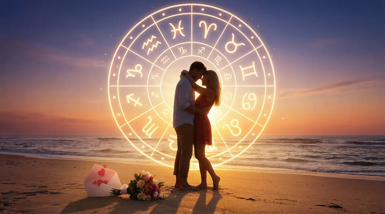 Coppia abbracciata sulla spiaggia al tramonto con simboli zodiacali sullo sfondo