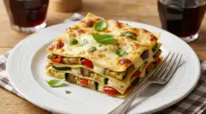 Lasagna vegetariana con verdure grigliate e besciamella servita su un piatto bianco