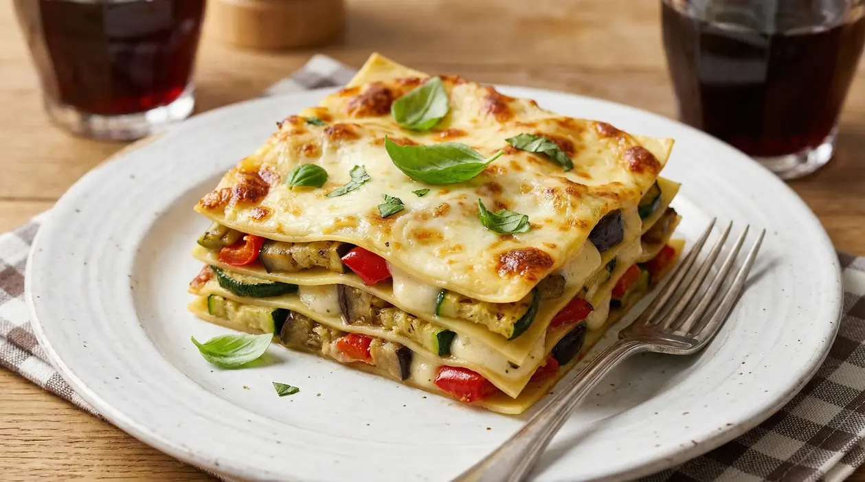 Lasagna vegetariana con verdure grigliate e besciamella servita su un piatto bianco