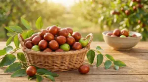 Cesto di giuggiole mature e acerbe su un tavolo di legno all’aperto