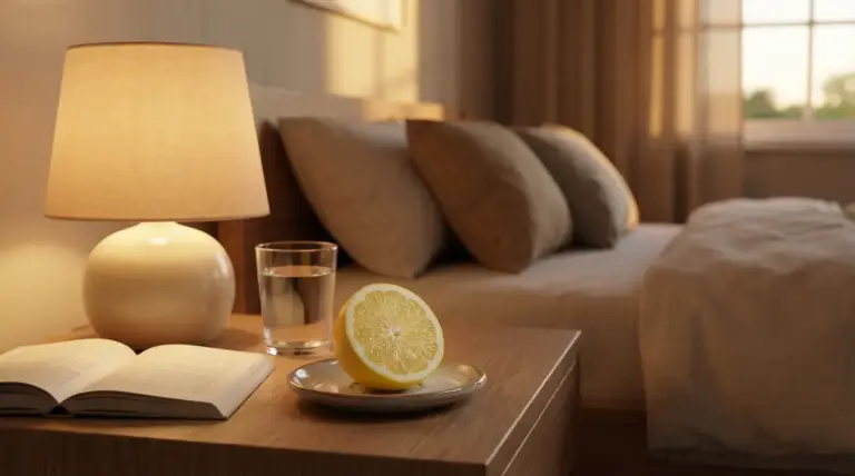 Metà limone su un piattino su un comodino accanto a un bicchiere d'acqua, una lampada e un libro