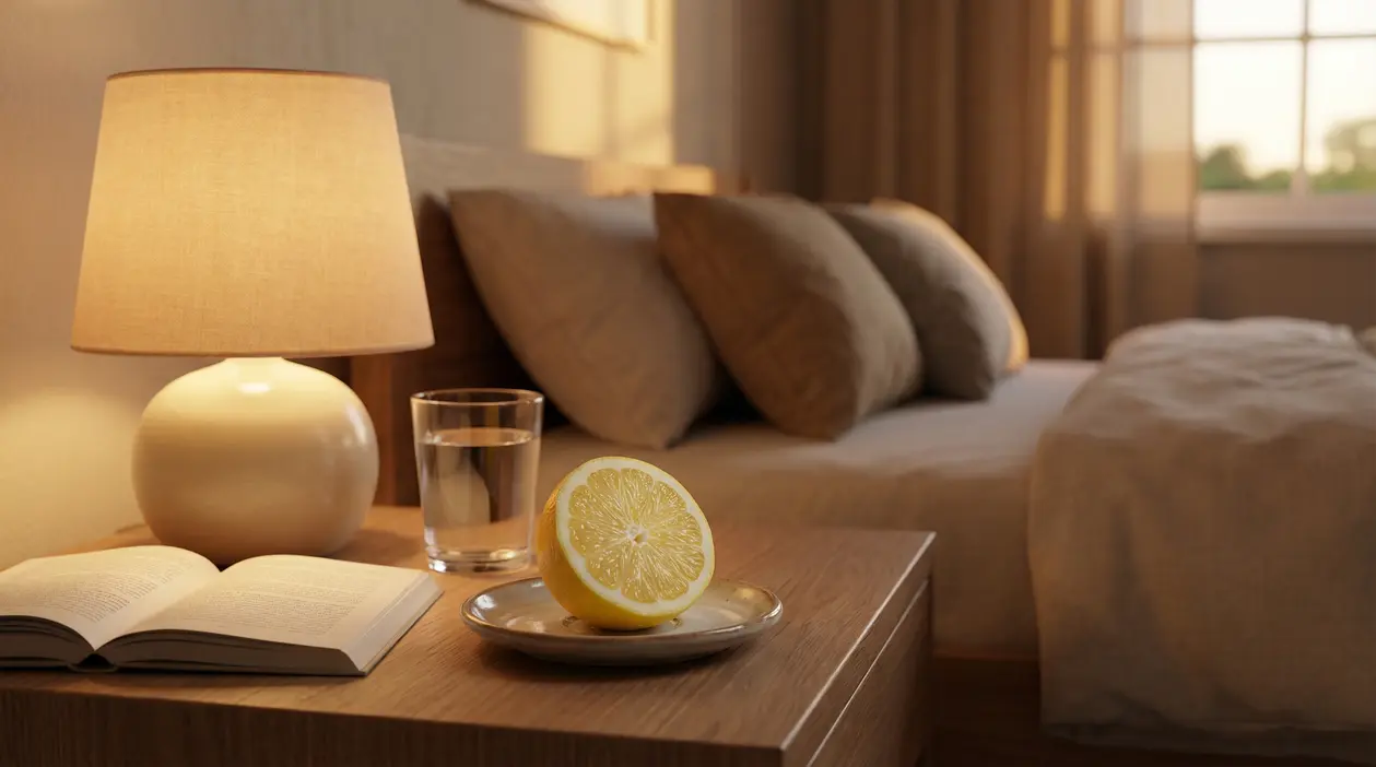 Metà limone su un piattino su un comodino accanto a un bicchiere d'acqua, una lampada e un libro