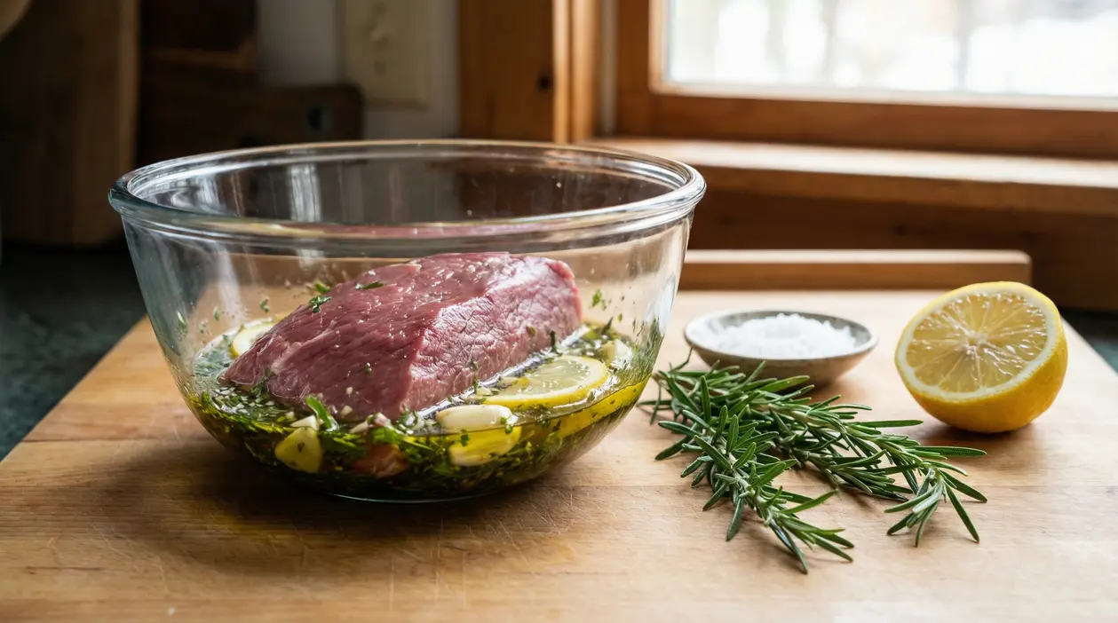 Carne cruda marinata con limone, aglio, rosmarino e olio in una ciotola di vetro su un tagliere