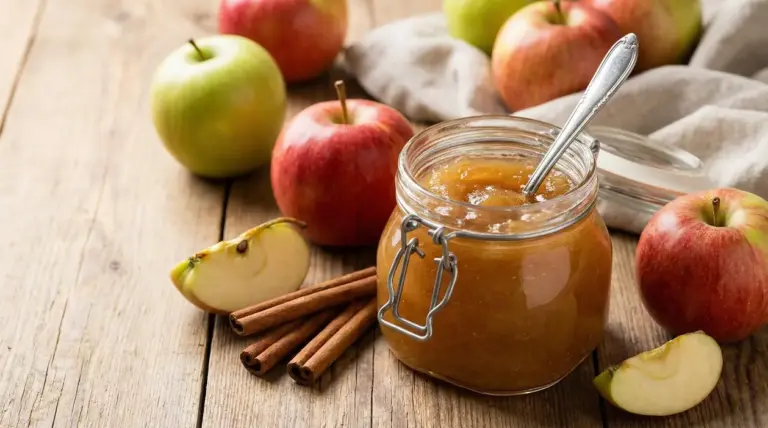 Barattolo di marmellata fatta in casa con mele fresche e stecche di cannella su tavolo di legno