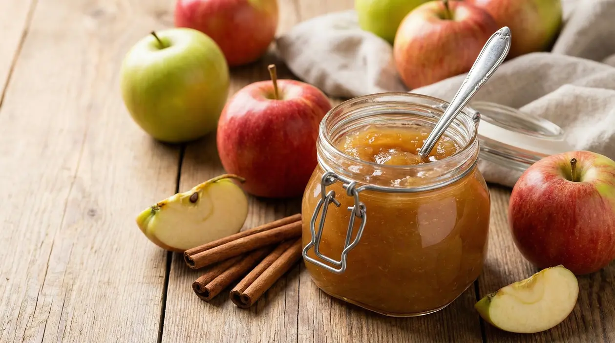 Barattolo di marmellata fatta in casa con mele fresche e stecche di cannella su tavolo di legno