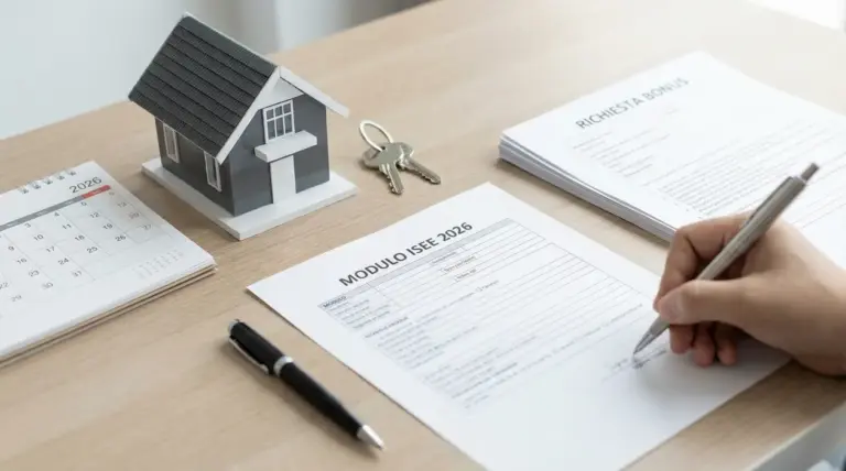 Persona che compila un modulo ISEE 2026 su una scrivania con modellino di casa e calendario