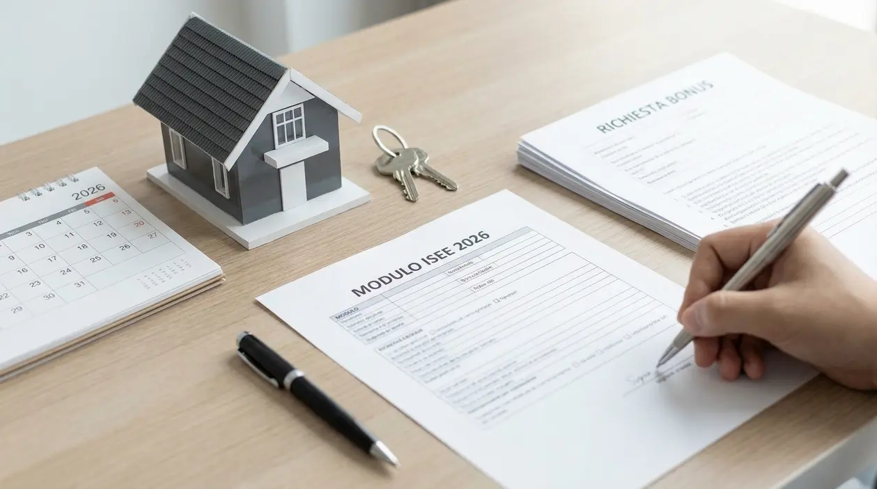 Persona che compila un modulo ISEE 2026 su una scrivania con modellino di casa e calendario