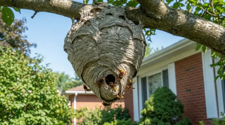 Nido di calabroni appeso a un ramo vicino a una casa in mattoni rossi