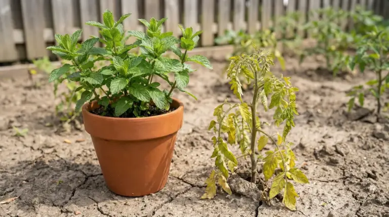 Vaso di menta accanto a una pianta di pomodoro appassita in un orto