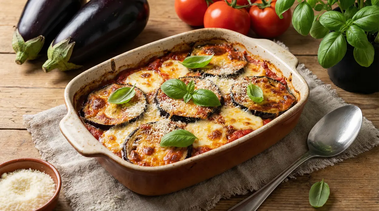 Teglia di parmigiana di melanzane con basilico fresco su un tavolo rustico