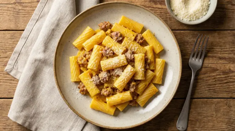 Piatto di pasta alla monzese con salsiccia e formaggio grattugiato su tavolo rustico