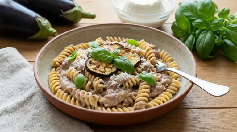 Piatto di pasta con crema di melanzane e ricotta, decorato con basilico fresco
