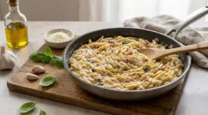 Padella di pasta risottata cremosa con pancetta, pepe e basilico su tagliere di legno
