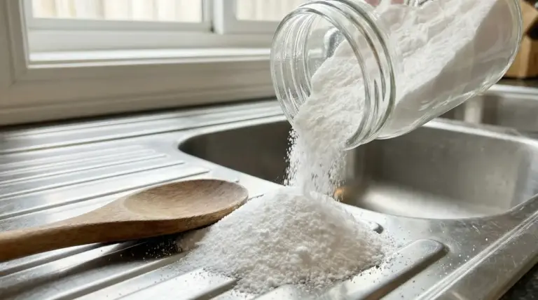 Polvere bianca versata da un barattolo su un lavello accanto a un cucchiaio di legno