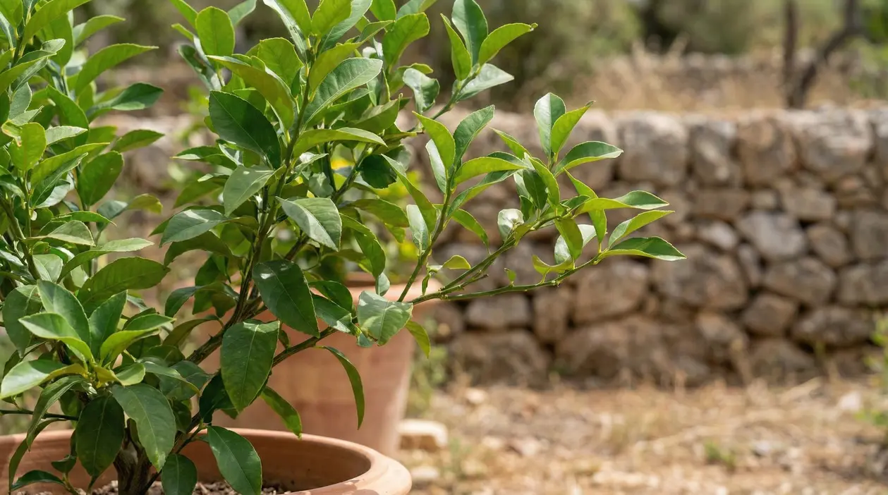 Pianta di limone in vaso senza frutti, con sfondo di muretto a secco