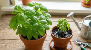 Due piante di basilico in vaso, una sana e una appassita, su un tavolo vicino a una finestra