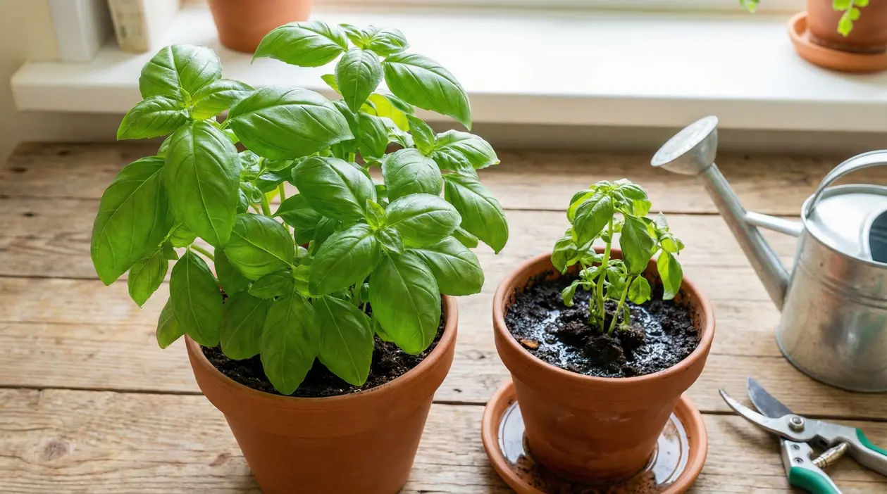 Due piante di basilico in vaso, una sana e una appassita, su un tavolo vicino a una finestra