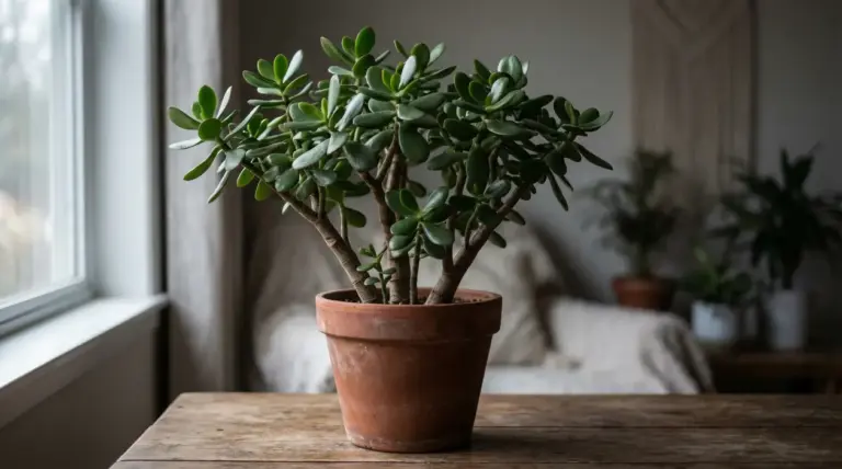 Pianta di albero di giada in un vaso di terracotta su un tavolo vicino a una finestra