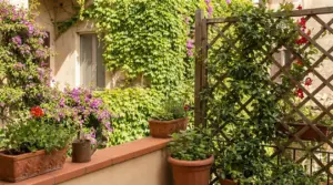 Balcone decorato con piante rampicanti sempreverdi e fioriere