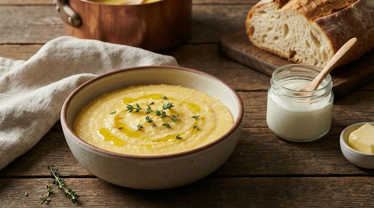Ciotola di polenta cremosa con olio d'oliva e timo su tavolo rustico di legno