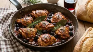 Pollo alla cacciatora in padella con olive nere, rosmarino e salsa di pomodoro