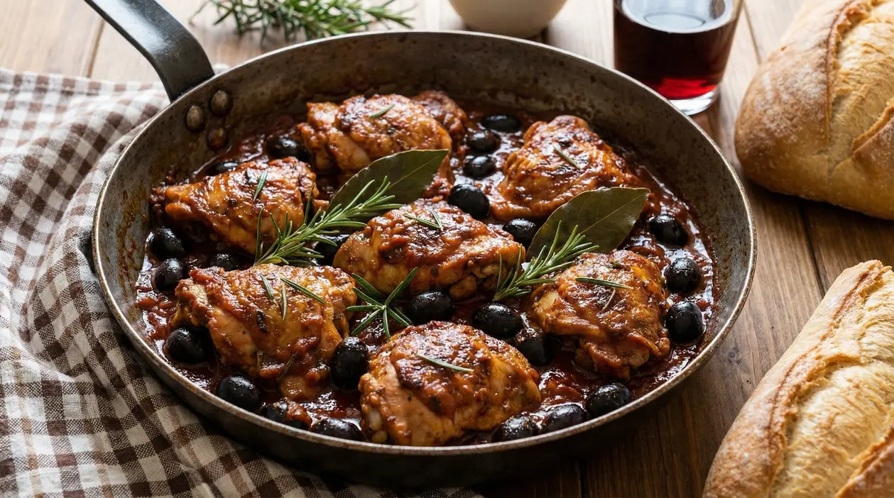 Pollo alla cacciatora in padella con olive nere, rosmarino e salsa di pomodoro