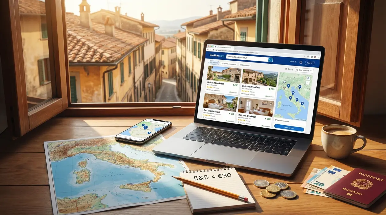 Laptop con sito di prenotazioni aperto su b&b economici, mappa dell’Italia, passaporto e soldi su tavolo vicino a finestra.
