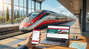 Treno ad alta velocità Trenitalia in stazione con prenotazione su smartphone e laptop