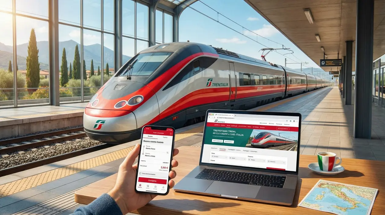 Treno ad alta velocità Trenitalia in stazione con prenotazione su smartphone e laptop