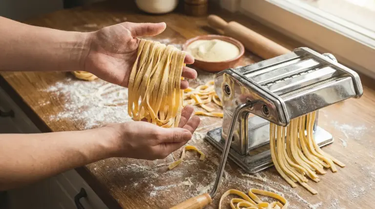 Persona che prepara tagliatelle fresche con una macchina per la pasta su un piano infarinato