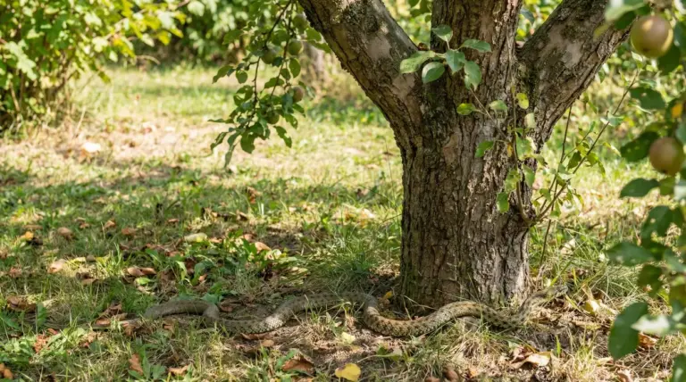 Serpente ai piedi di un albero da frutto in un giardino
