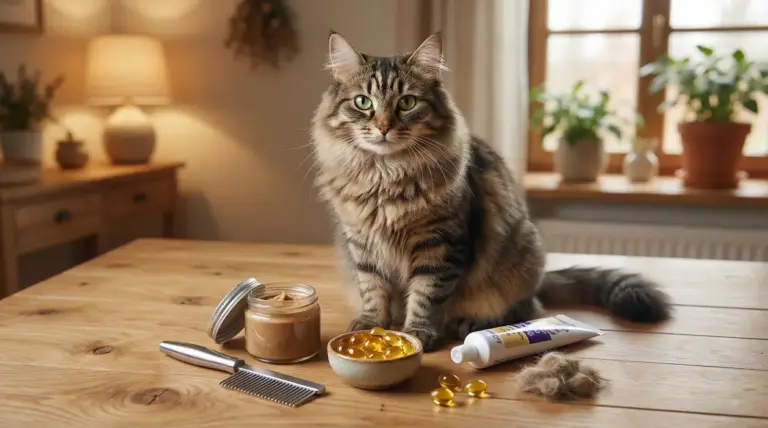 Gatto a pelo lungo su un tavolo con integratori, spazzola e rimedi naturali contro i boli di pelo