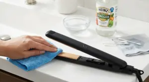 Mano che pulisce una piastra per capelli con un panno in microfibra su un lavandino