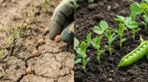 Semi di piselli in terreno secco e piante di piselli in terreno fertile