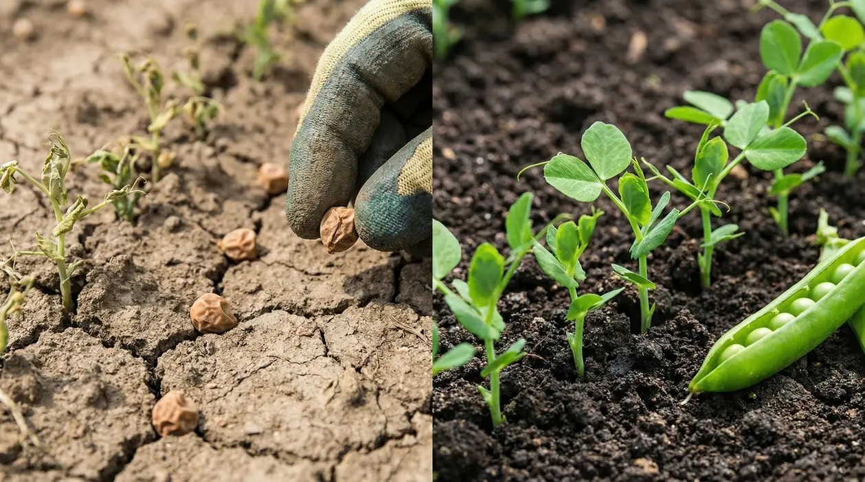Semi di piselli in terreno secco e piante di piselli in terreno fertile