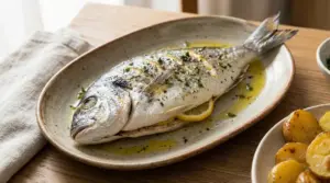 Orata intera al forno con fette di limone e olio d'oliva su piatto di ceramica