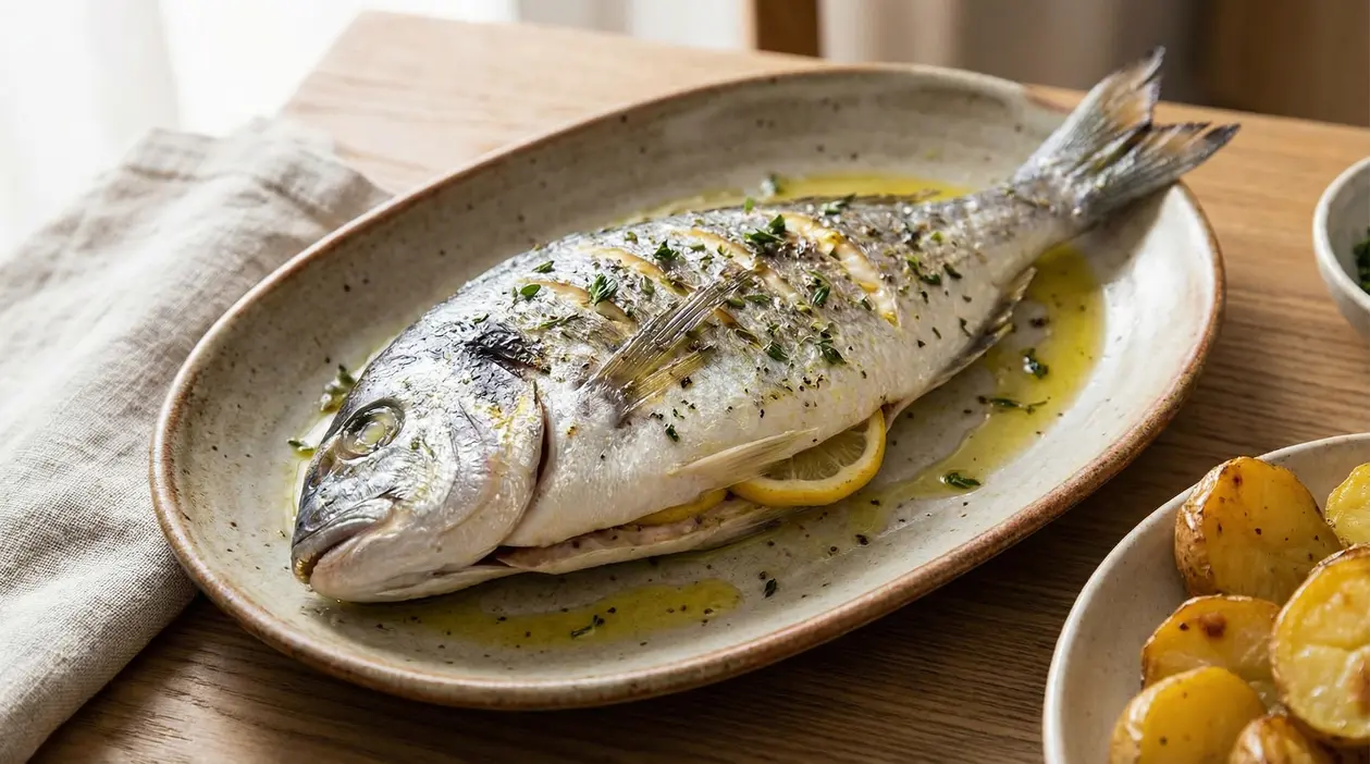 Orata intera al forno con fette di limone e olio d'oliva su piatto di ceramica