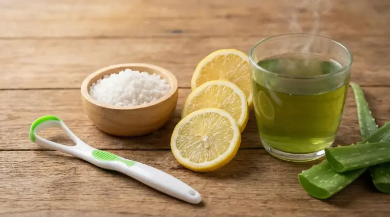 Rimedi naturali come limone, aloe vera, sale grosso e un pulisci lingua su un tavolo di legno