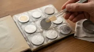 Una mano usa una pinzetta per rimuovere una moneta da un album da collezione