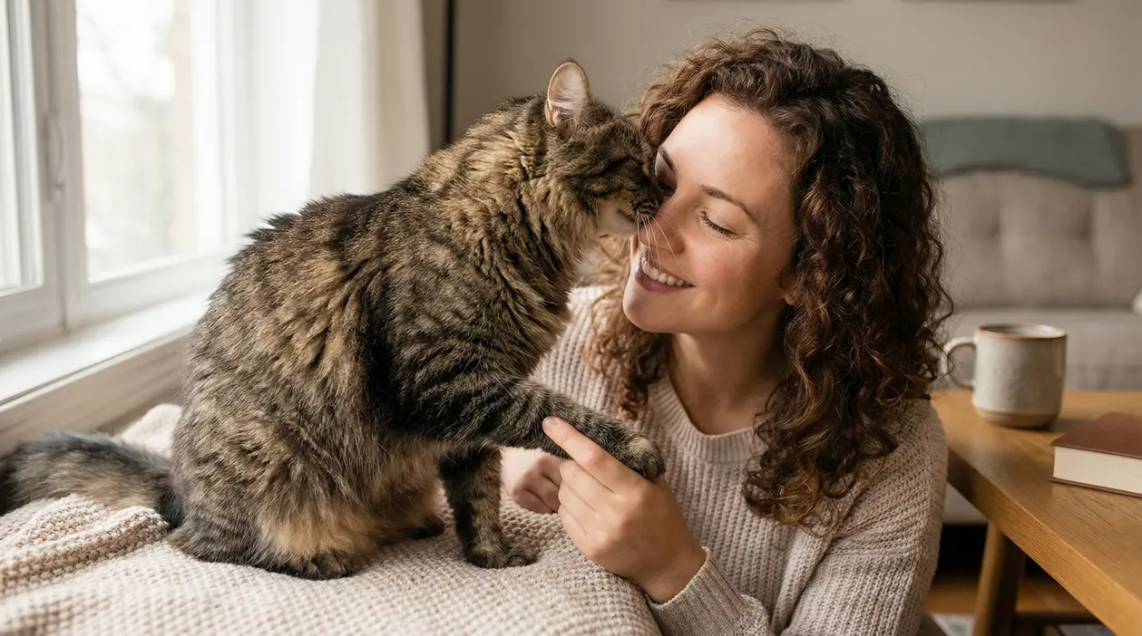 Gatto affettuoso che struscia il muso contro una persona sorridente su un divano.
