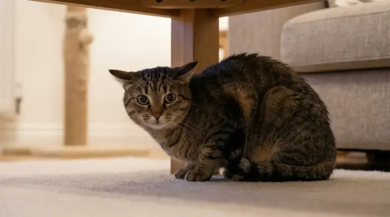 Gatto domestico rannicchiato sotto un tavolo con espressione impaurita
