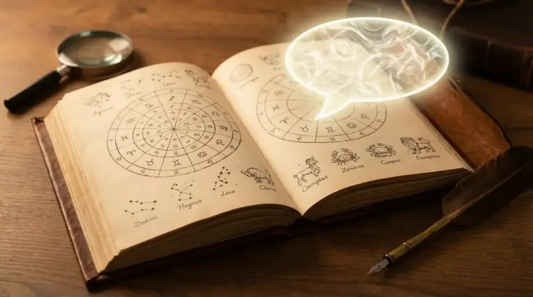 Vecchio libro aperto con simboli zodiacali disegnati e lente d'ingrandimento sul tavolo