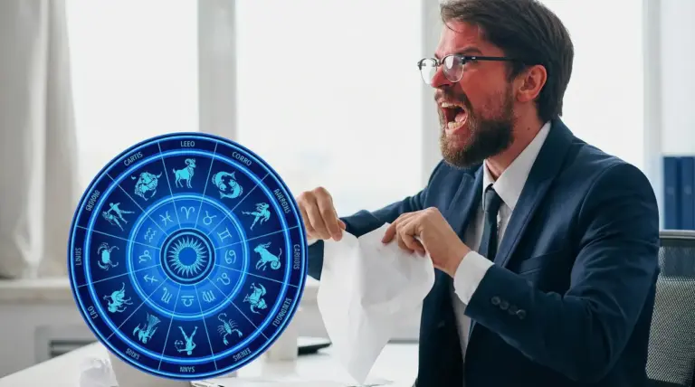 Uomo arrabbiato in ufficio accanto a un grafico dei segni zodiacali