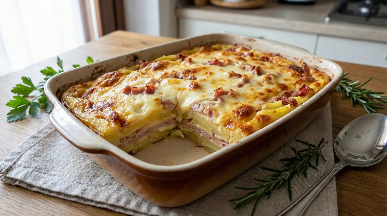 Sformato di patate con prosciutto e scamorza in una teglia da forno su un tavolo di legno