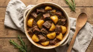 Spezzatino di manzo con patate servito in una ciotola rustica su tavolo di legno