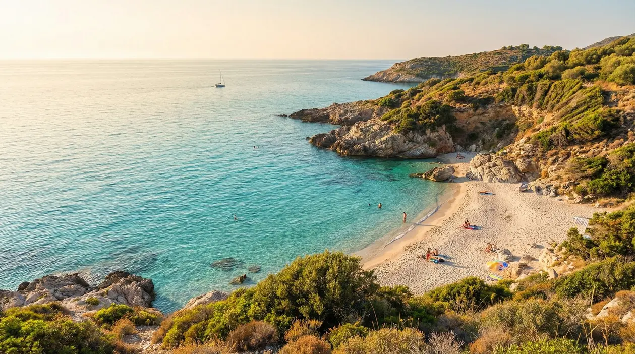 Spiaggia tranquilla con mare cristallino e poche persone sulla sabbia in una baia italiana