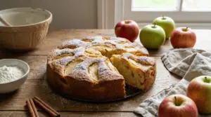 Torta di mele soffice con zucchero a velo su un tavolo rustico con mele e ingredienti.
