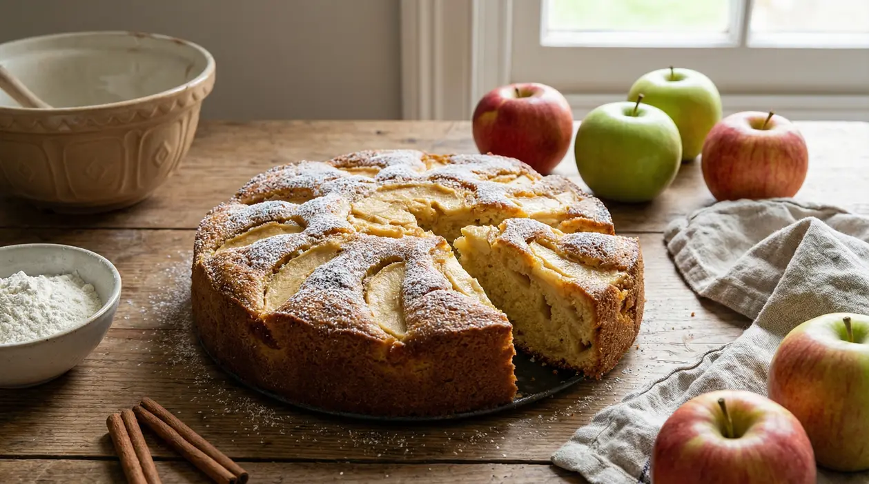 Torta di mele soffice con zucchero a velo su un tavolo rustico con mele e ingredienti.