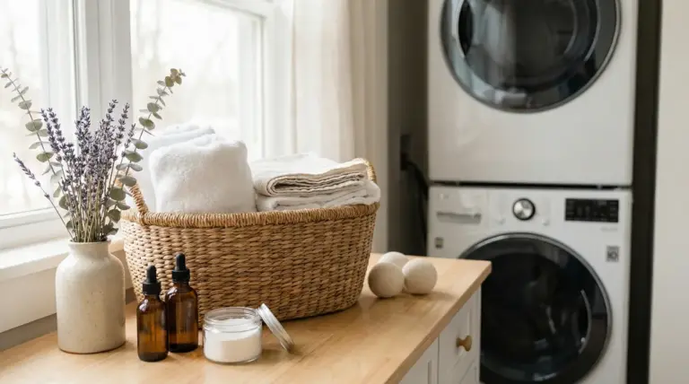 Cesto con asciugamani bianchi accanto a flaconi, lavanda e lavatrice in una lavanderia luminosa
